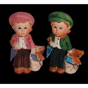 2 Vintage Plastic Boy Figurines Umbrella Bag with Teddy Bear Hong Kong